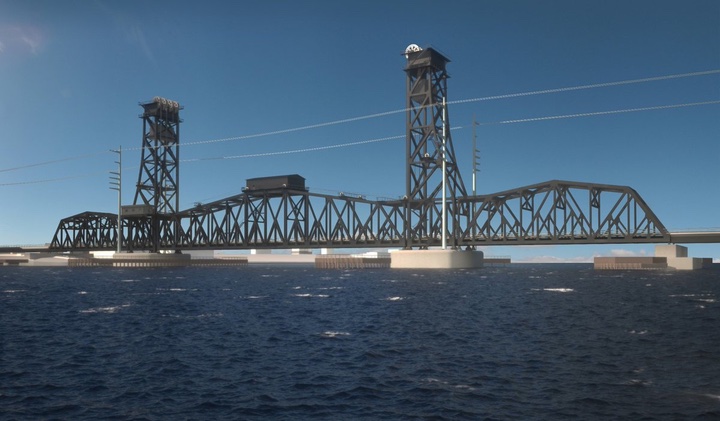 Rendering of a vertical-lift rail bridge with two towers and steel truss spans over open water